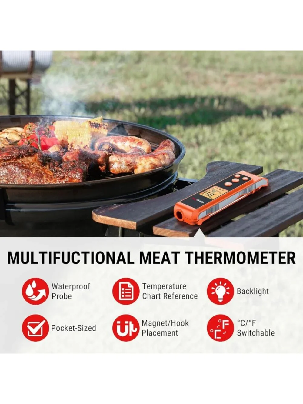 2-in-1 Instant Read Cooking Thermometer - Infrared & Meat Probe, Non-Contact